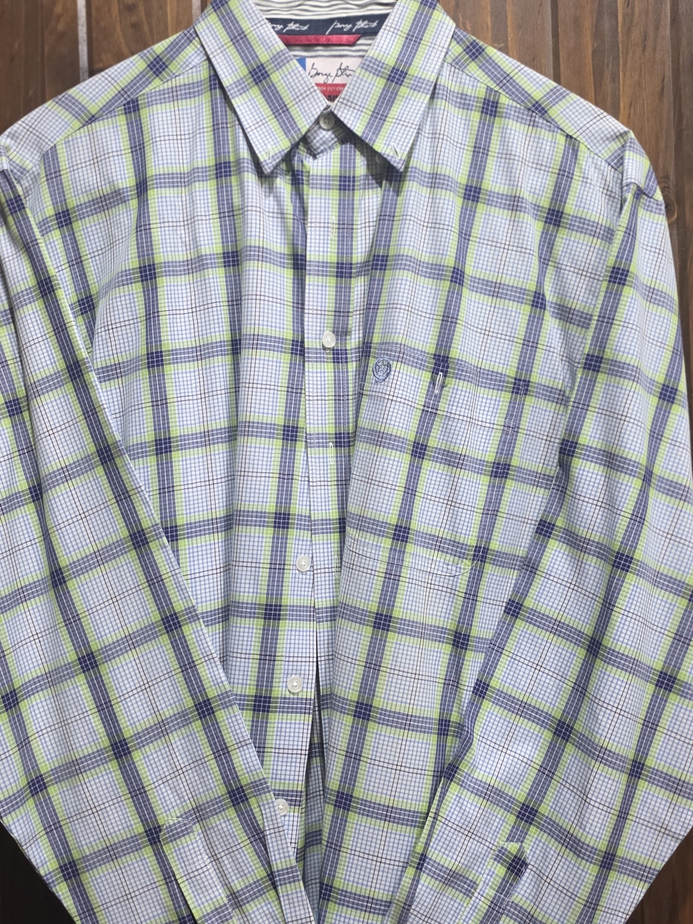Wrangler Light Green and Blue Plaid Button-Down Shirt
